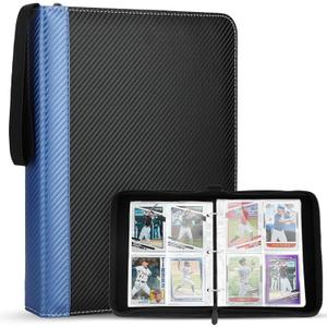 4-Pocket Card Binder, 400 Pockets Trading Card Holder with 50 Removable Sleeves, Large Capacity Waterproof Zipper Album for Collectors, Portable Storage for Game/Sports/Credit Cards-Black Blue