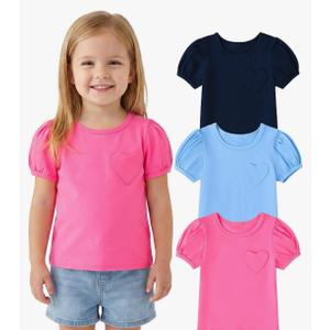 3 Pack Toddler Girl Shirts: Short Puff Sleeve Cotton T-Shirts Round Neck Heart Tops Summer Tee Size 4T only pink n blue