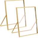 Gold Floating Frame 2 Set Gold Picture Frame 8x10 in with Real Glass and Metal Stand, Vintage Metal Picture Frame for Home, Office or Wedding Decoration