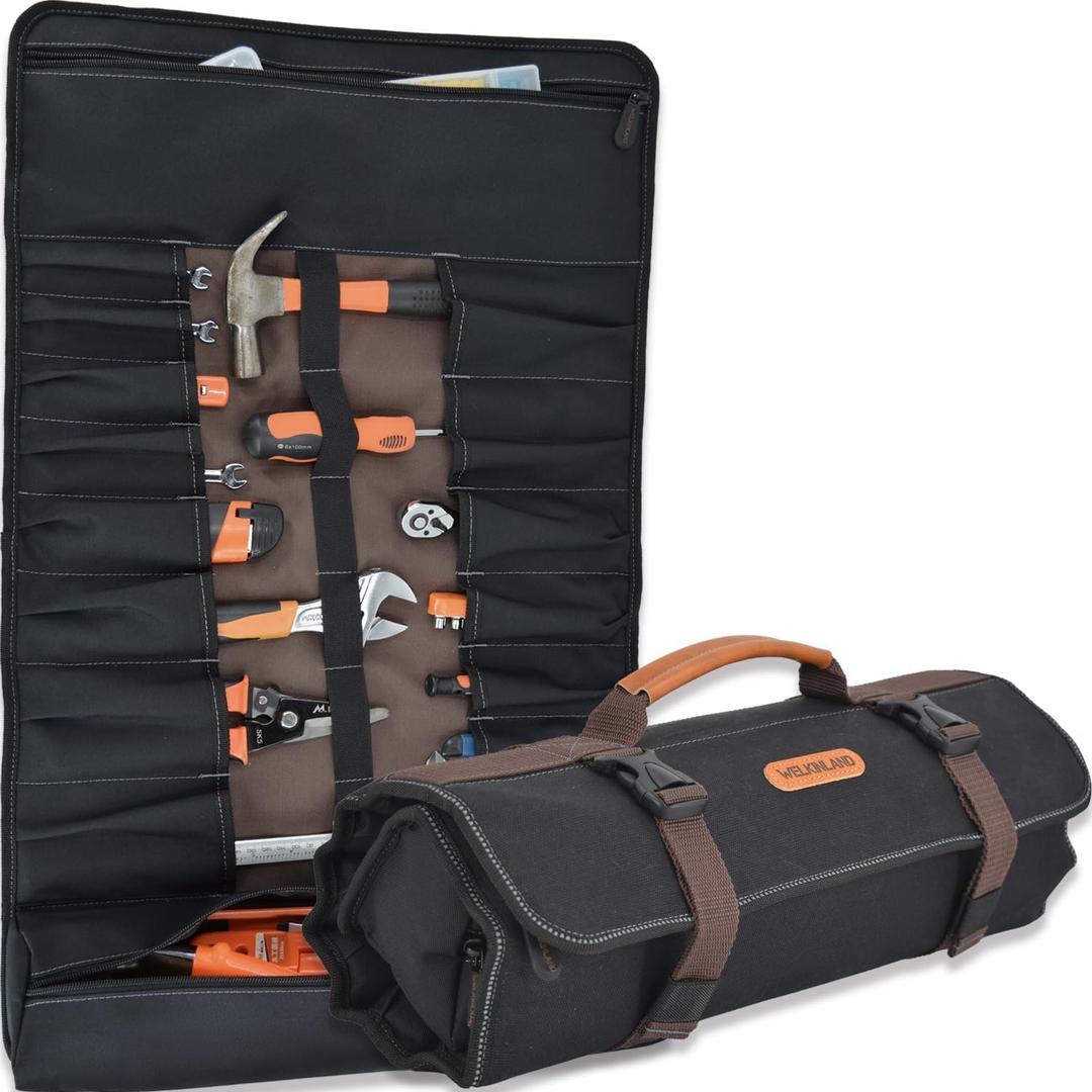 WELKINLAND 18-Compartment Tool Roll - Waxed Canvas - Waterproof - 17" - Organizer