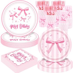 REDWORD Pink Bow Birthday Decorations, 120Pcs Bow Party Tableware Plates Napkins Cups for Pink Birthday Girls Bachelorette Party Decorations-Serves 24