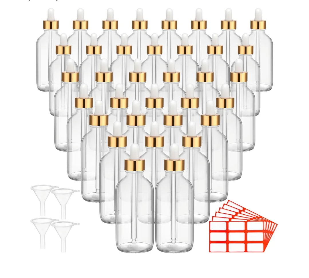 Dandat 50 Pack 4 oz Glass Dropper Bottles Leakproof 120 ml Glass Tincture Bottles with Eye Droppers, 4 Funnels, 54 Labels for Essential Oil Perfumes Hair Oil(Clear)