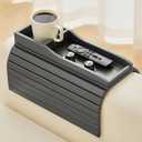 Bamboo Couch Cup Holder Arm Tray TableCouch Drink HolderSofa Cup Holder Armrest TrayAnti-Slip Foldable Arm Chair Table Tray Recliners for Drink,Cups, Snacks, Phone, Remote (Gray)