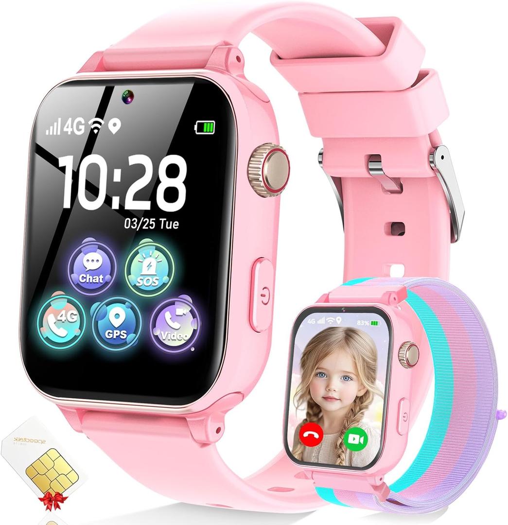 4G Kids Smart Watch GPS Tracker, Smartwatch for Kid with SIM Card, Calling, Voice Chat, Class Mode, SOS, Pedometer, Alarm, Games, HD Touch Screen Phone Watch Gift for 4-12 Girls Boys, Light Pink