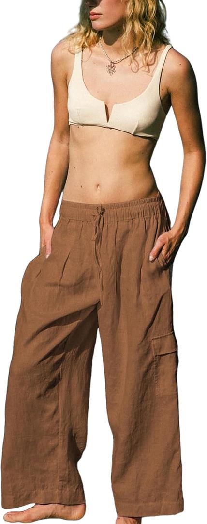Women Linen Beach Pants Lightweight Cargo Sweatpants Wide Leg Elastic Waist Palazzo Pants Cover Up with Pockets(Rust-Small)