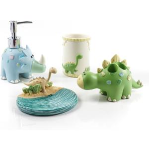 Wendin Cartoon Series Bath Accessory Set, Soap Dispenser Pump, Toothbrush Holder, Tumbler, Soap Dish Resin Art Color Decoration (Dinosaur 4 Pieces)
