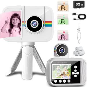 Kids Camera Instant Print,Kids Digital Camera with 3 Color Print Paper,32GB & Mini Tripod,48MP & 1080P Video Christmas Birthday Gifts for Girls and Boys Age 3-12 (White)
