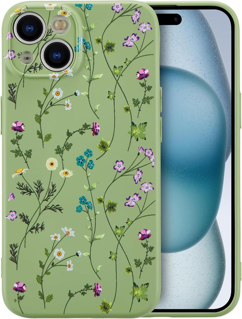 RALEAVO Floral Case for iPhone 15,Liquid Silicone Cover with Cute Flower Branch Pattern for Girls Women Slim Soft Rubber Protective Phone Case for iPhone 15 (6.1"),Green