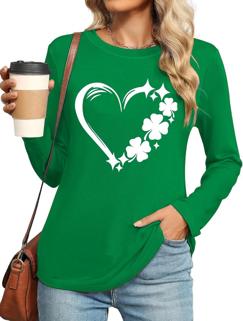 St Patricks Day Shirt Women Lucky Shmrock Shirts Cute Saint Patricks Day Green Clover Long Sleeve Blouse Tops (Small)