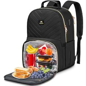 MATEIN Work Backpack with Lunch Compartment, Insulated Quilted Lunch Backpack for Women, Water Resistant Lunchbox Back Pack for Nurse, 15.6 Inch Teacher Work Bag for Office Business Commuting, Black