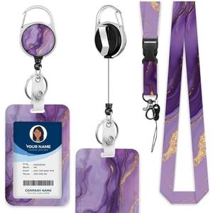 Pswunumo ID Badge Holder Marble Texture Badge Holder with Lanyard Purple and Gold Marble Badge Holder for Workplaces Events Schools
