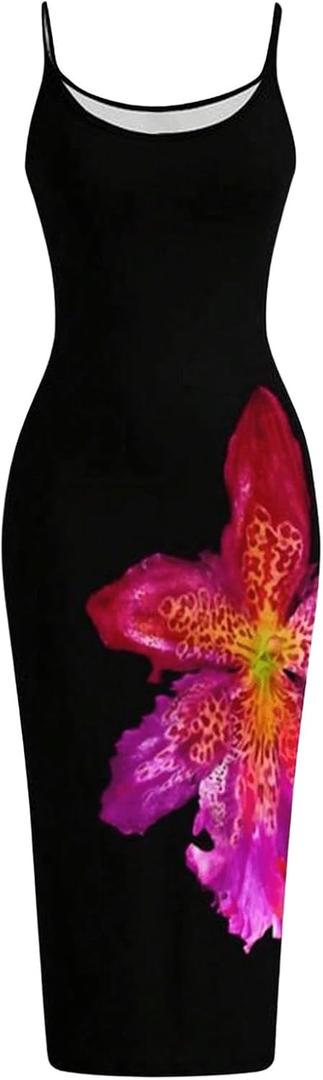 Floerns Women's Flower Print Spaghetti Strap Cami Midi Dress Boho Pencil Dress (Large, Black)
