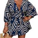 SOLY HUX Women's Plus Size Romper Striped V Neck Tie Front 3/4 Sleeve Loose Short Jumpsuit, Size XL