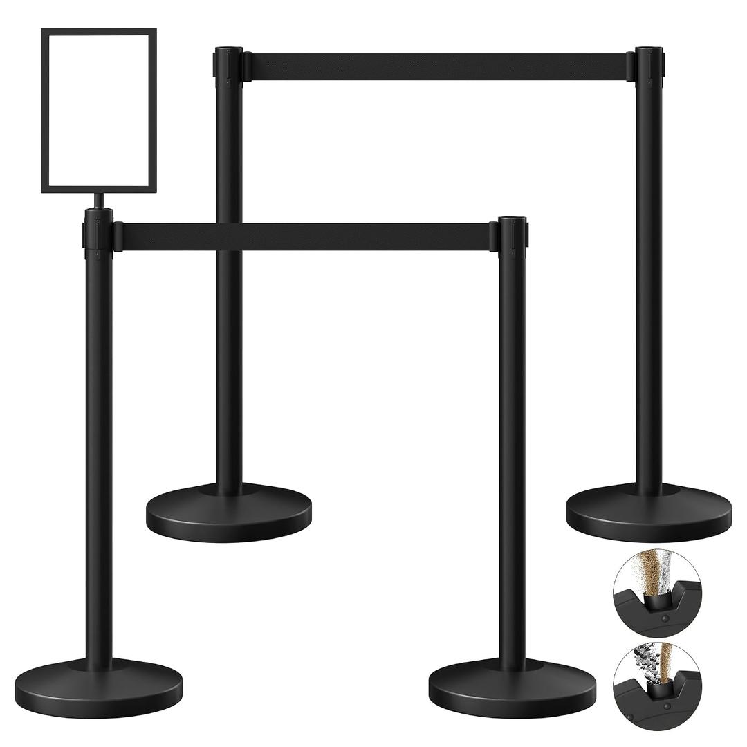 4-Pack Black Stainless Steel Crowd Control Stanchions, 9.8 ft Retractable Black Safety Belts with 1 Sign Holder(Black Belt)