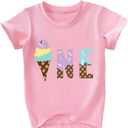 2 x Toddler Girls Ice Cream Print First Birthday Shirts for Baby Girls Cute One Years Old Outfit Pink (Pink)