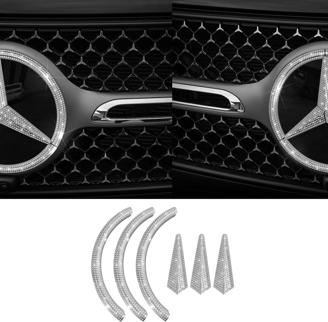 Car Front Emblem Sign Logo Bling Cover Decal Compatible with Mercedes Benz External Accessories Rhinestone Decorative Sticker (Small, Fit for A B CLA C300 E CLS S GLA GLK Series)