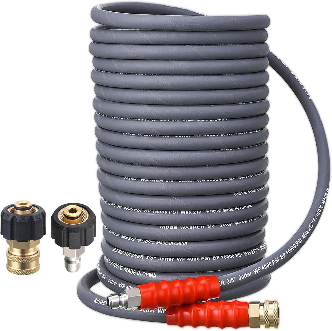RIDGE WASHER Pressure Washer Hose 100 Feet X 3/8 Inch for Hot and Cold Water, Non Marking Gray Power Washer Hose, M22 14 mm to 3/8 Inch Quick Connect, 4000 PSI
