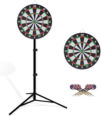 Dartboard with Stand, 34"-74" Adjustable Height Dartboard Stand, 18" Dart Board, Sturdy Tripod, Portable Design with 6 Darts for Travel, Home, Bars, or Outdoor Games