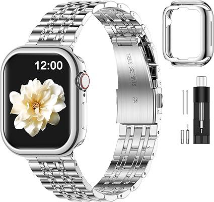 MioHHR Slim Metal Band Compatible with Apple Watch 41mm 40mm 38mm, Solid Stainless Steel Chain Strap for Women Men iWatch Bands Series 9 8 7 6 5 4 3 2 1 SE3 SE2 SE, Silver
