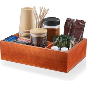 ALELION Coffee Station Organizer with Removable Dividers - Wood Coffee Bar Accessories Organizer for Countertop - Pod Holder Basket for K Cup Sugar Tea