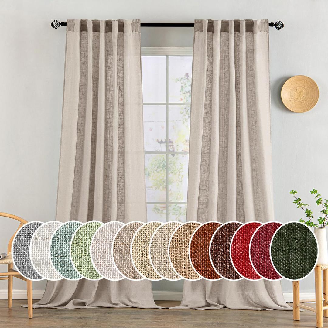 MIULEE Natural Linen Curtains 90 Inch Long 2 Panels for Bedroom Living Room, Soft Linen Textured Window Drapes Semi Sheer Light Filtering Back Tab Rod Pocket Farmhouse Modern Burlap Look Decor