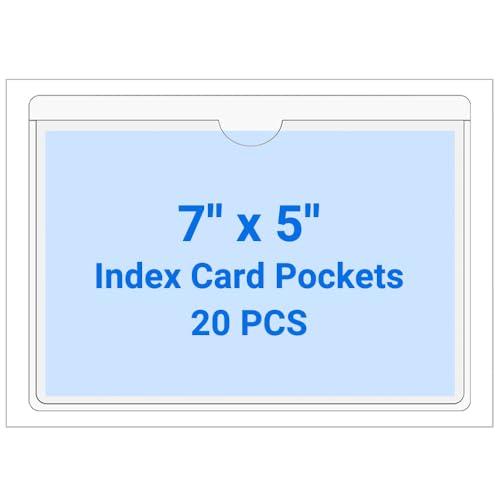 Kvatr-X 20 PCS Clear Self Adhesive Plastic Label Pockets, Binder Spine Business & Library Index Card Display Holder with Stick On for Planners Organizing, Storage Bins and Drawers (7 x 5 Inch)