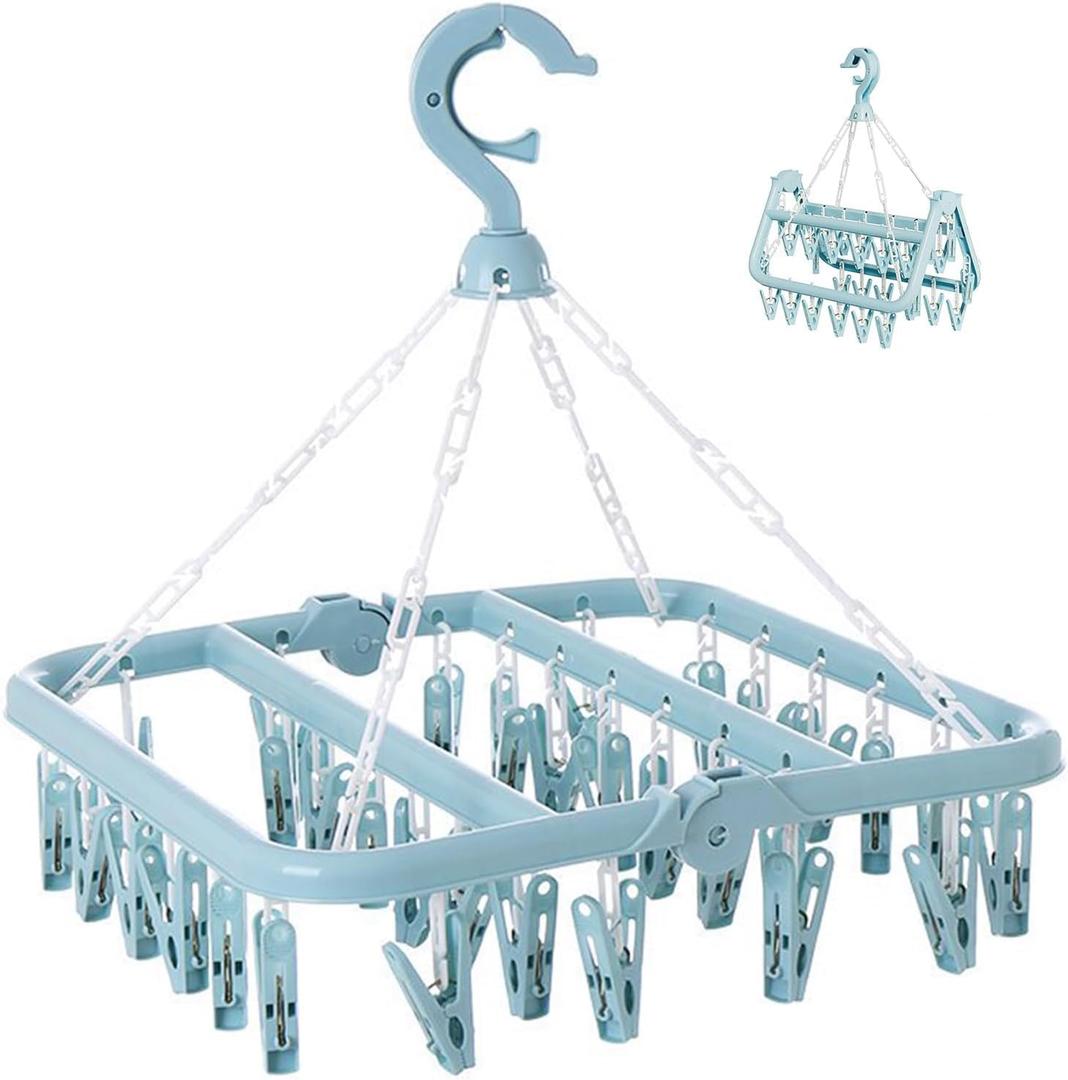 Clothes Drying Rack with 32 Clips, Foldable Hanging Rack, 360 Rotatable Hook for Drying Socks Baby Clothes Towels Gloves(Light Blue)