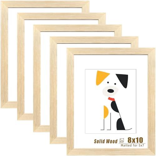 LUCKYLIFE 8x10 Picture Frame Solid Natural Wood, Display 5x7 photo with Mat or 8x10 without Mat for Wall Hanging and Tabletop, Set of 5