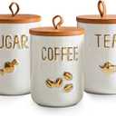 White Ceramic Canister Set for Coffee Tea Sugar, 3-Piece Food Storage Jars with Wood Airtight Lids, Decorative Small Container for Kitchen Pantry Counter - 25oz