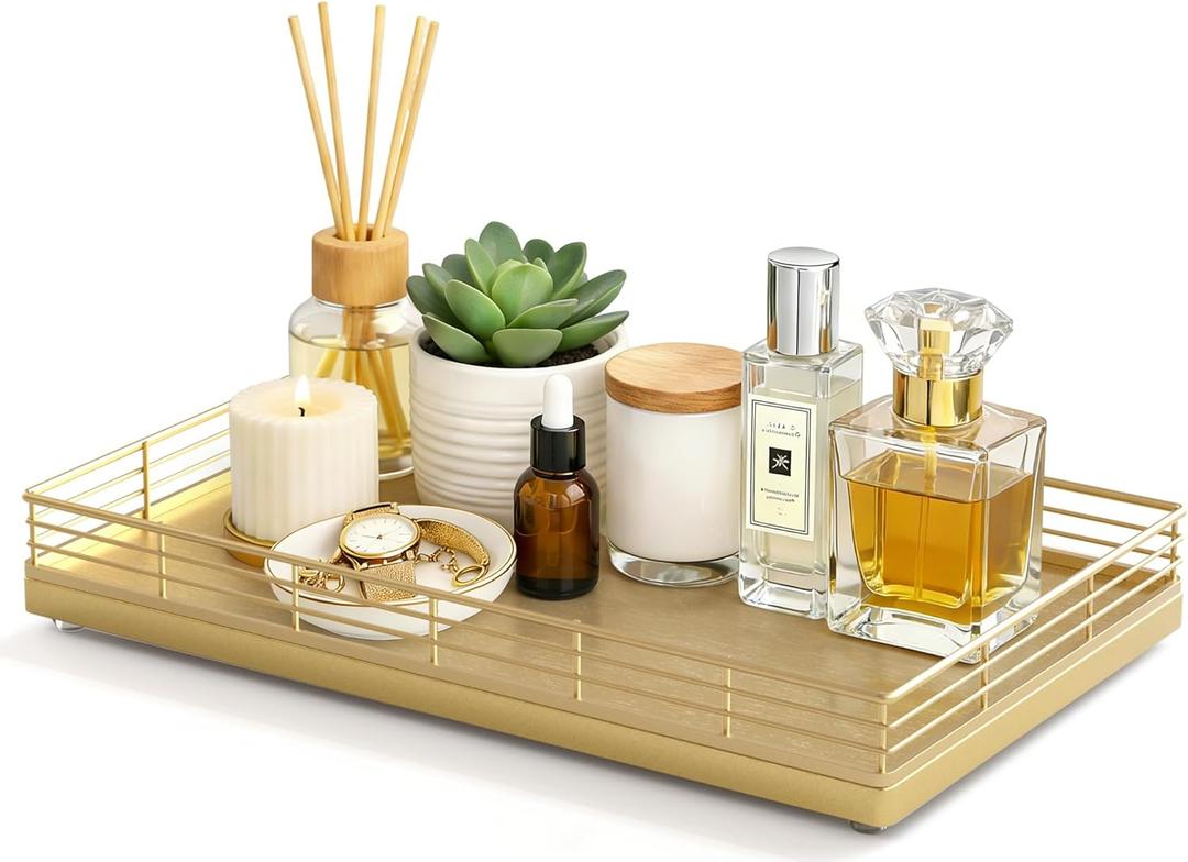Large Bathroom Vanity Tray 13" x 8" Oak Decorative Wooden Tray for Bathroom Countertop & Vanity Organizer, Rectangular Wood Tray for Perfume, Skincare, Storage, Vanity Dresser Counter Decor, Gold