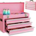 Portable Metal Tool Box, 3 Drawers Lockable Heavy Duty Tool Chest Storage Toolbox with Ball-Bearing Slides and 2 Metal Latches Closure for Garage, Workshop, Repair Shop (Pink)
