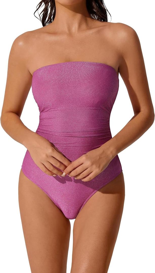 RXRXCOCO Women Tummy Control One Piece Swimsuits Ruched Strapless Bathing Suits Slimming Swimwear,medium
