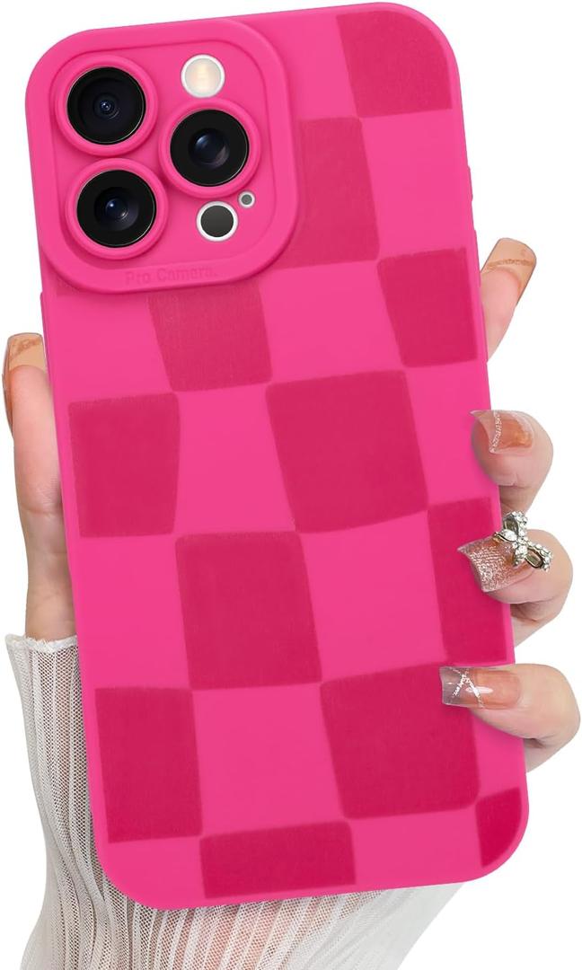 KANGHAR Compatible with iPhone 16 Pro Case, Silicone Checkered Cute Pattern, Camera Protection Soft Slim Phone Case for Girls Women -Hot Pink