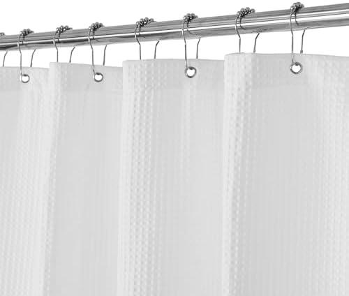 Barossa Design Waffle Weave White Shower Curtain Hotel Luxury Quality, Fabric Shower Curtains for Bathroom, Pique Pattern Cloth, Water Repellent and Machine Washable, Standard Size 71" x 72"
