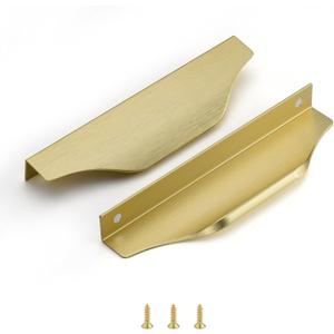 Edge Finger Tab Pulls for Cabinets Invisible Kitchen Concealed Aluminum Flat Hidden Drawer Pull Easy to Install Pack of 6 Brushed Brass 6 inch 150mm Overall Length Easy Installation
