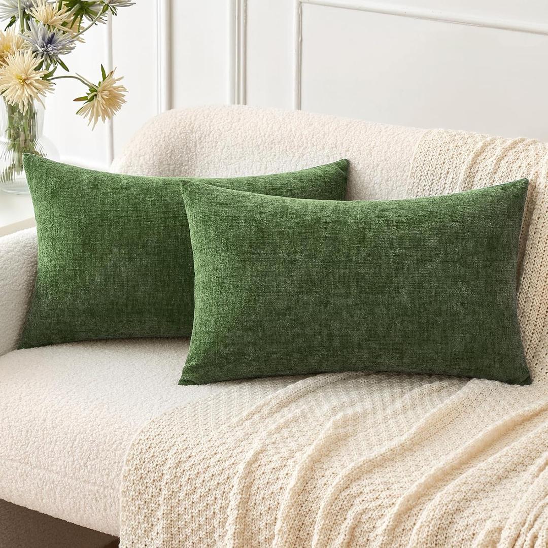 MIULEE Pack of 2 Couch Throw Pillow Covers 12x20Inch Soft Moss Green Spring Chenille Lumbar Pillow Covers for Sofa Living Room Solid Dyed Cases