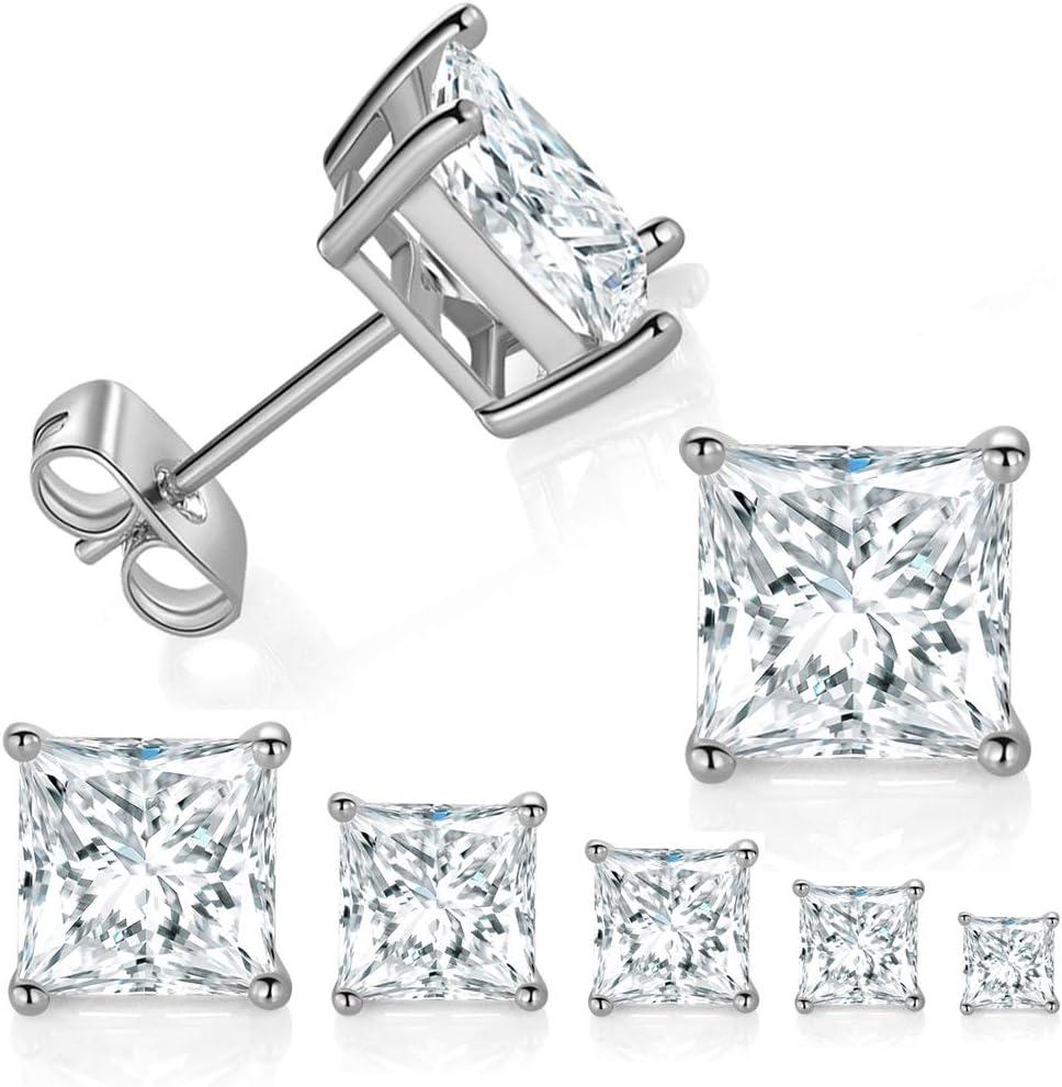5 Pairs 14K Gold Plated Princess Cut Clear Cubic Zirconia Stud Earring Set for Women Men