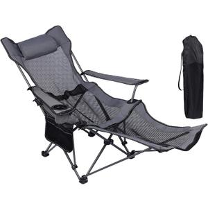 NURTUDIS Camping Lounge Chair,Folding Reclining Camping Chair, Portable Camping Chair with Footrest,Storage Bag & Headrest, Mesh Recliner, 330lbs Weight Capacity (Grey)