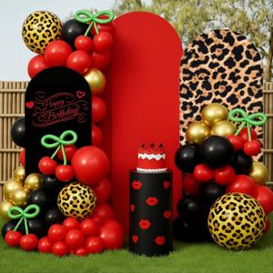 Chunful 3 Pcs Happy Birthday Party Decorations Arch Cover Cheetah Print Birthday Decor Photo Background 2-Sided Round Top Leopard Backdrop Arch Cover 6 ft/5 ft/4 ft (Red-Black)