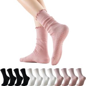 GLENMEARL Pilates Socks with Grips for Women, 3/6 Pairs Yoga Non Slip Long Socks, Grip Sock for Pilates, Dance Workout (9-11, 6 Pack Lace (Black,white,pink))