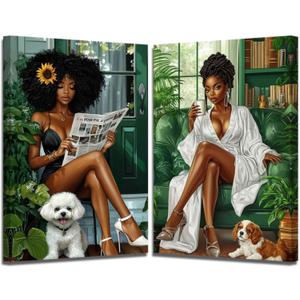 XLMDYYSW African American Wall Art Bathroom Decor 2 Piece Green Botanical Black Girl Pictures Black Woman Canvas Print Modern Artwork for Toilet Home Framed (12.00" x 16.00" x 2PCS)