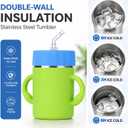 BUSOHA Kids Insulation Stainless Steel Tumbler - Kids Water Bottle with Handle Spill Proof Flexible Straw Sippy Cup Stainless Steel Training Cup for Picnic,Travel,12oz,Green