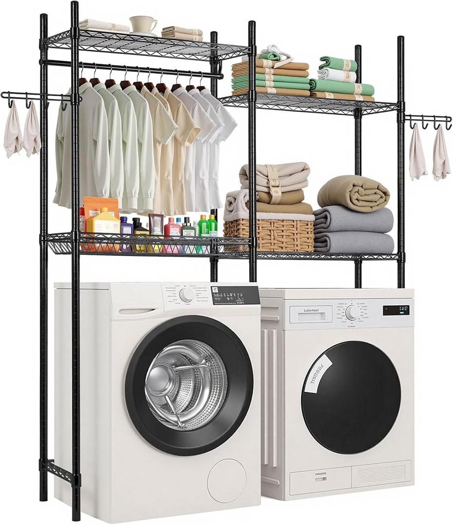 VEVOR Over the Washer and Dryer Storage Shelf, 4 Tier Laundry Room Drying Rack with Hanger Rod and Hooks, Adjustable Over Washer and Dryer Shelves, Laundry Room Shelf Storage Space Saver, Black