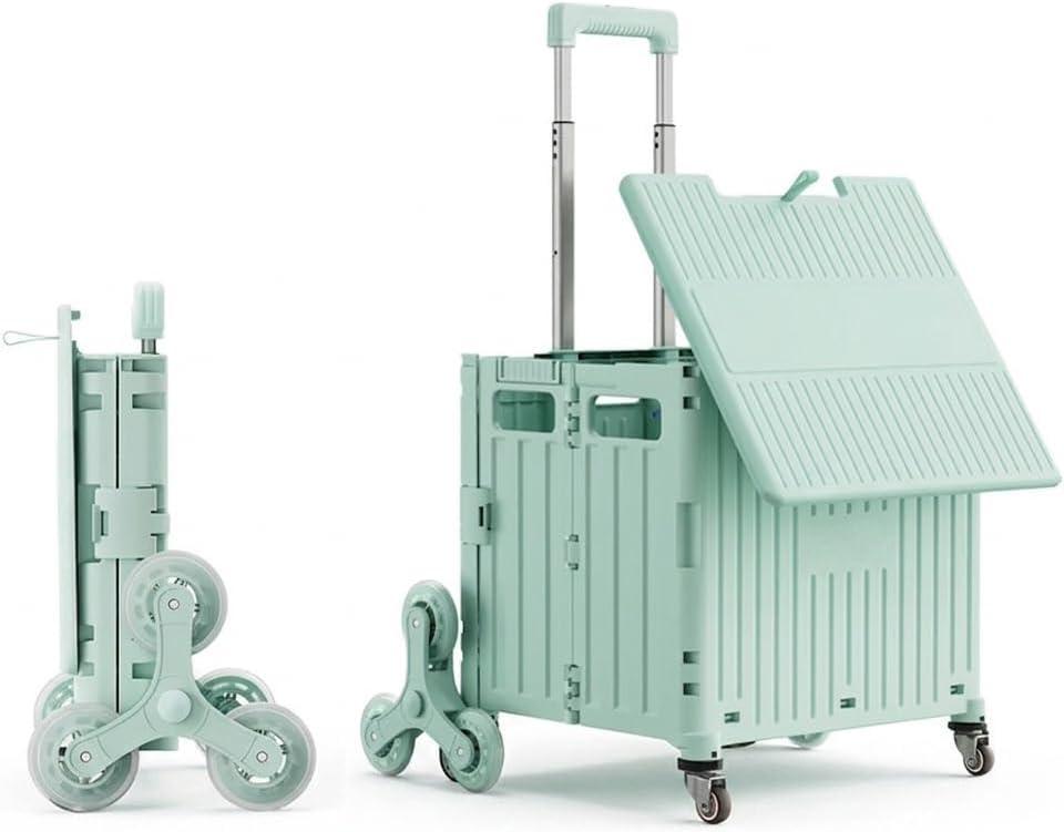 Foldable Shopping Cart with Stair Climbing Wheels, Collapsible Utility Crate on Wheels with Telescoping Handle, Portable Rolling Grocery Trolley for Groceries, Books, Tools, Teachers(Green, 8 Wheels)