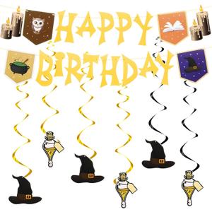 Remagr 13 Pcs Halloween Birthday Decorations Include Wizard Birthday Backdrop Banner and Magical Theme Wizard Hanging Swirl Decorations, Photoshoot Backdrop Foil Swirls Streamers for Party