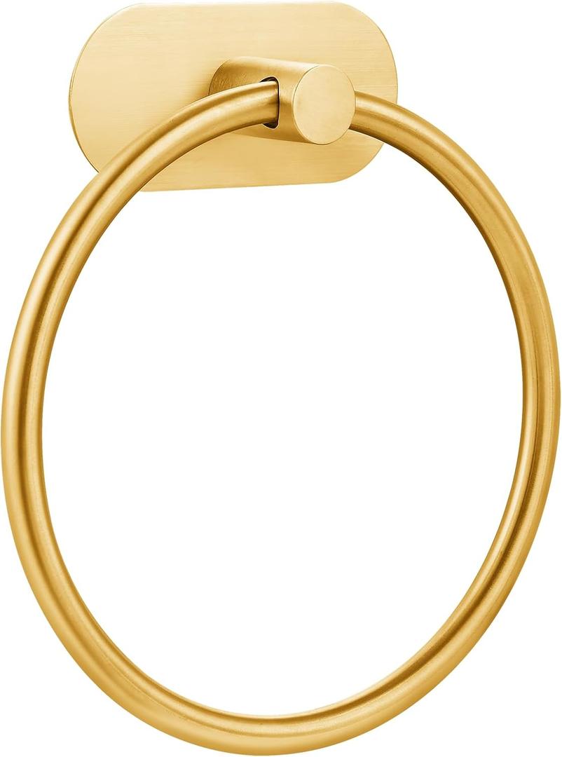 Self-Adhesive Towel Ring for Bathroom, No Drilling Stainless Steel Rustproof Hand Towel Holder, Wall Mounted Bathroom & Kitchen Towel Hanger with Strong Adhesive, Modern Bath Organizer Brushed Gold