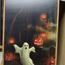 Spooky Halloween Ghost Lighted Pumpkin Framed Canvas Wall Art Set,Gothic Inspired Cute Black Cat Witch Hat Wall Decor,Vintage Foggy Forest Castle Artwork for Living Room, Bedroom-16 x24 x3