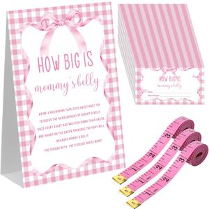 54 Pcs Cartoon Story Baby Shower Games Pink Bow Measure Belly Bump Party Games Include How Big Is Mommy's Belly Sign 50 Guessing Cards 3 Measuring Tapes for Baby Shower Party(Pink Bow)