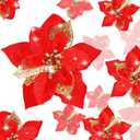 Boao 24 Pieces Christmas Artificial Glitter Poinsettia Flowers Xmas Flowers Wedding Christmas Tree New Year Ornaments(Red)