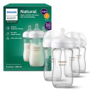 Philips Avent Natural Glass Baby Bottles with Natural Response Nipples (Medium Flow, Flow 3), 8oz, 4-Pack, SCY913/04 (8 Ounce)